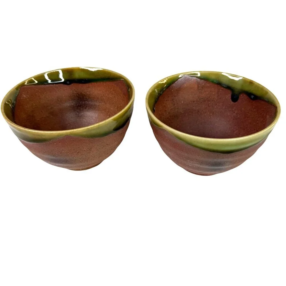 5 Hand Thrown Pottery Bowls Terracotta With Green Drip Glaze Edge Studio Art - Picture 9 of 11